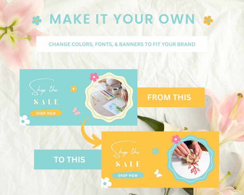 May include: Two banner designs for a sale. The top banner is light blue with a yellow circle containing a hand painting with watercolors. The bottom banner is yellow with a yellow circle containing a hand stamping a design. Both banners have the text "Shop the SALE" and "SHOP NOW".