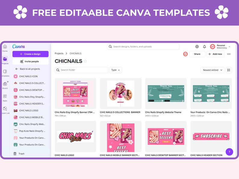 May include: A digital interface displaying a Canva project folder titled CHICNAILS, featuring various editable graphic design templates for banners, logos, and website sections in pink and green color schemes with text elements like BEST SELLERS.