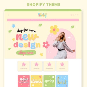 Op de afbeelding: Een website-ontwerpmodel met een lichtgele achtergrond. De tekst "Shopify Theme" staat bovenaan. De website bevat de tekst "Hello Darling" en "shop for more new design shop now". Een vrouw blaast een kus. Er zijn ook bloemen- en bladgraphics.