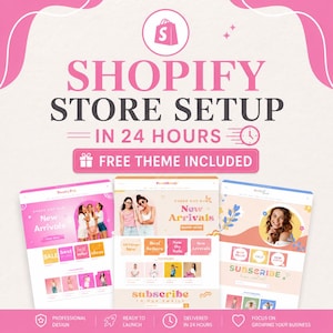 May include: A digital graphic advertisement for Shopify store setup services in 24 hours. The text reads Shopify Store Setup In 24 Hours and Free Theme Included. Three website interface examples are displayed below with pink and orange color themes.