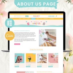 May include: A website homepage for a creative business called Soulmate Creative. The website features a colorful design with a welcome message, a photo of a person painting, and a section showcasing their favorite products. The text on the website reads "Welcome to Soulmate Creative" and "Shop Our Favorites".
