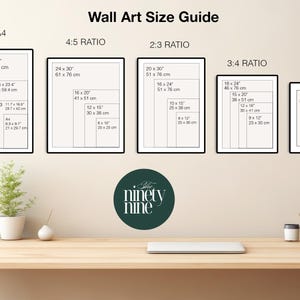 May include: Wall art size guide with dimensions in inches and centimeters. Includes A1-A4, 4:5, 2:3, 3:4 ratios, and 11x14 inch sizes. The image features framed examples and a logo for "The Ninety Nine".