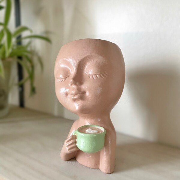 Statuette decorative - Pot - Personnage tenant une tasse à café