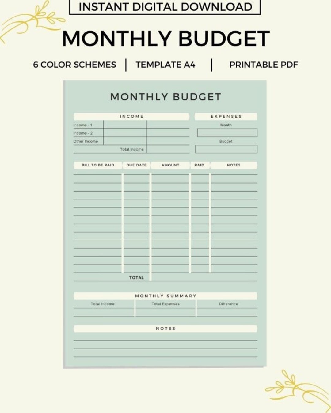 Monthly Budget Overview Template Printable, Monthly Budget Printable
