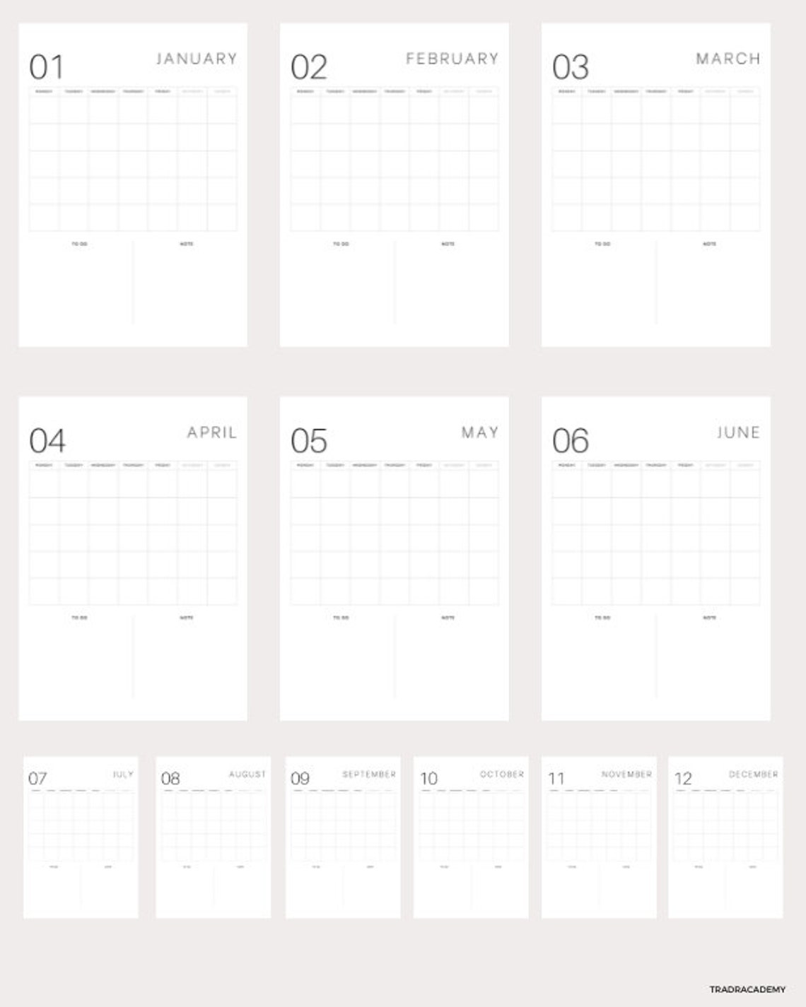Monthly Calendar Landscape, Printable Calendar, Year Calendar ...