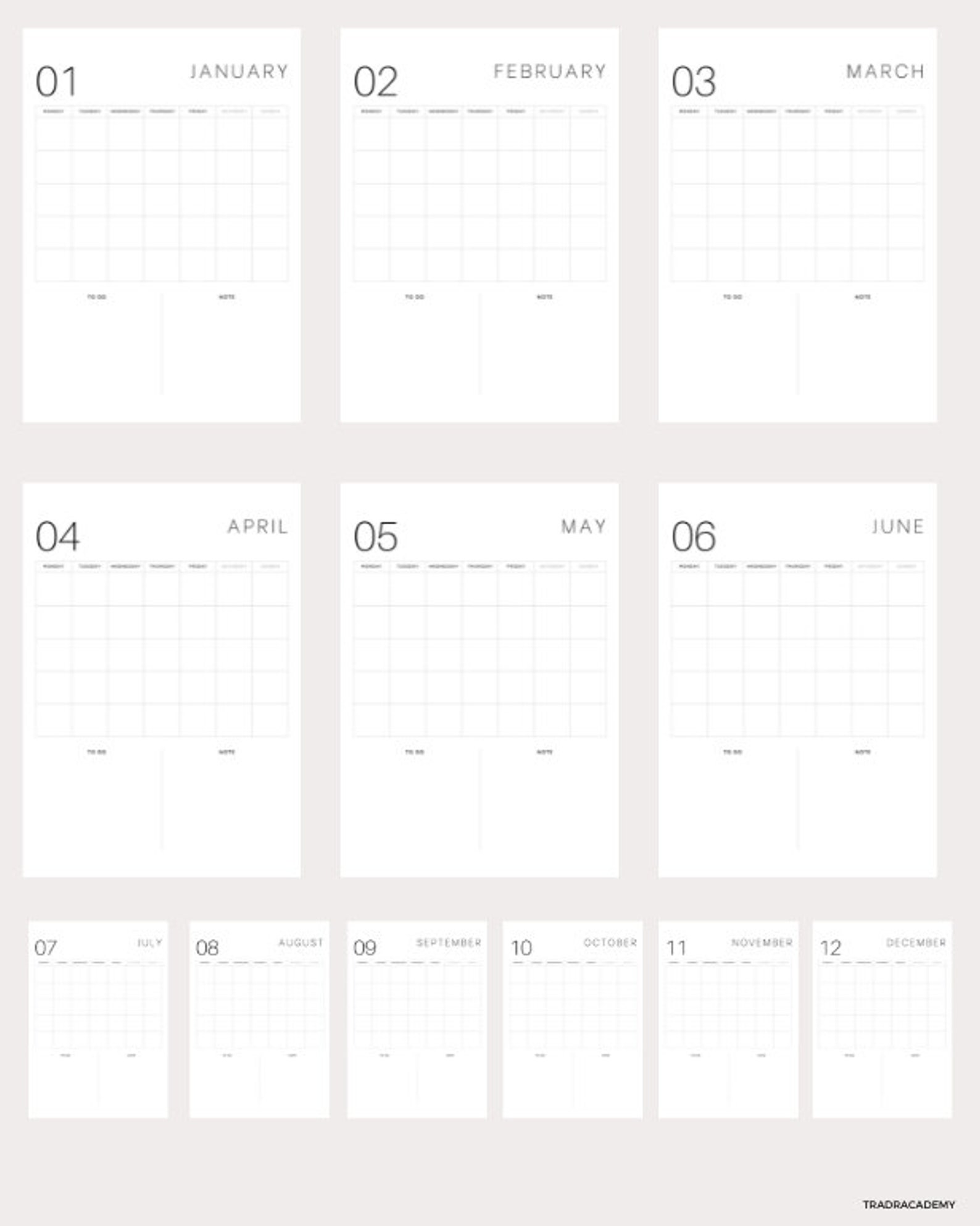 Monthly Calendar Landscape, Printable Calendar, Year Calendar ...