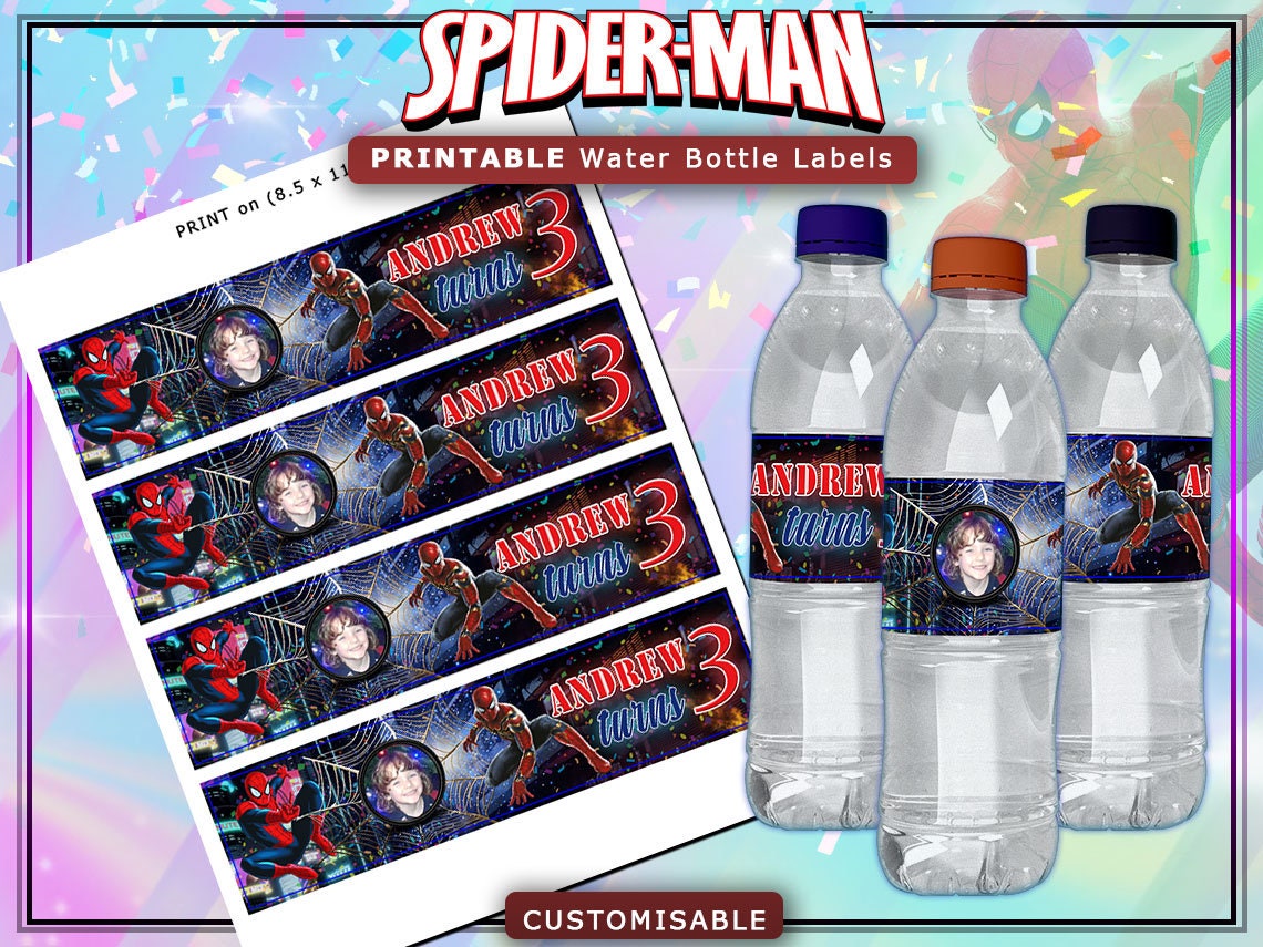 Personalized Spiderman Theme Water Bottle Label available at The Brat Shack