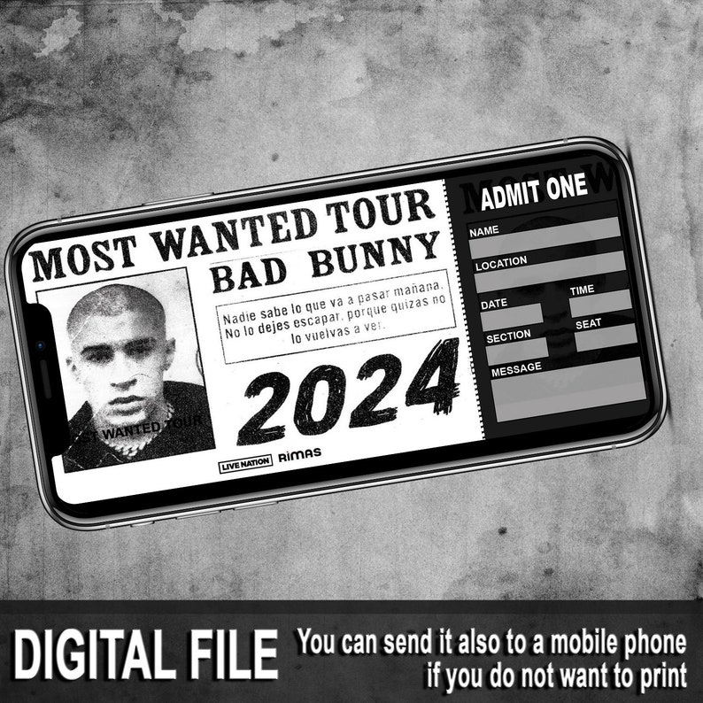 Bad Bunny Printable Most Wanted Tour Tickets, Bad Bunny Concert Music