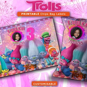 Trolls chips bag labels, Trolls party supplies, Trolls personalized chips bag labels