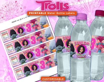 Etiquettes pour bouteilles d'eau trolls, articles de fête trolls, étiquettes personnalisées pour bouteilles d'eau trolls