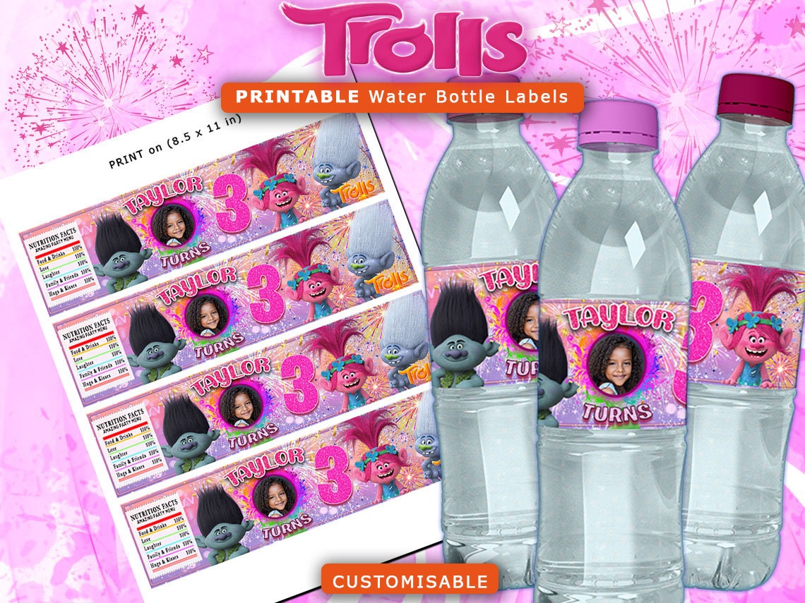 Trolls – Water Bottle Label – Printable - 3Grafik