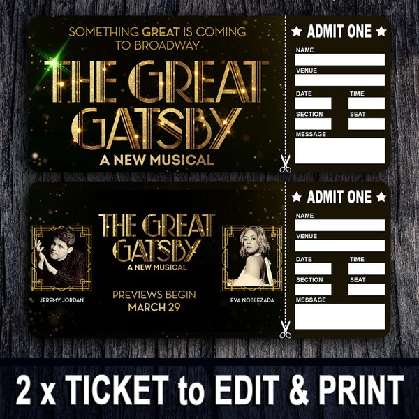 The GREAT GATSBY Printable Surprise Tickets, Theatre Musical Ticket PDF Download, Broadway West End Surprise Ticket, Surprise Souvenir