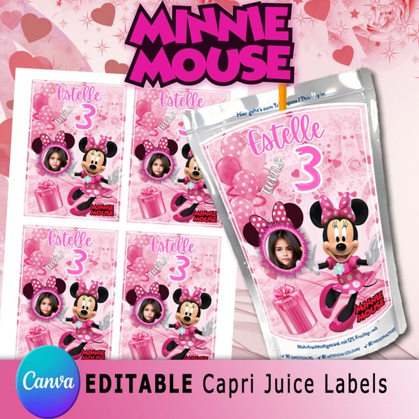 Minnie Mouse Pink Birthday Party Favors, Minnie Mouse Pink Birthday Wrappers, Canva Editable Printable Instant Download