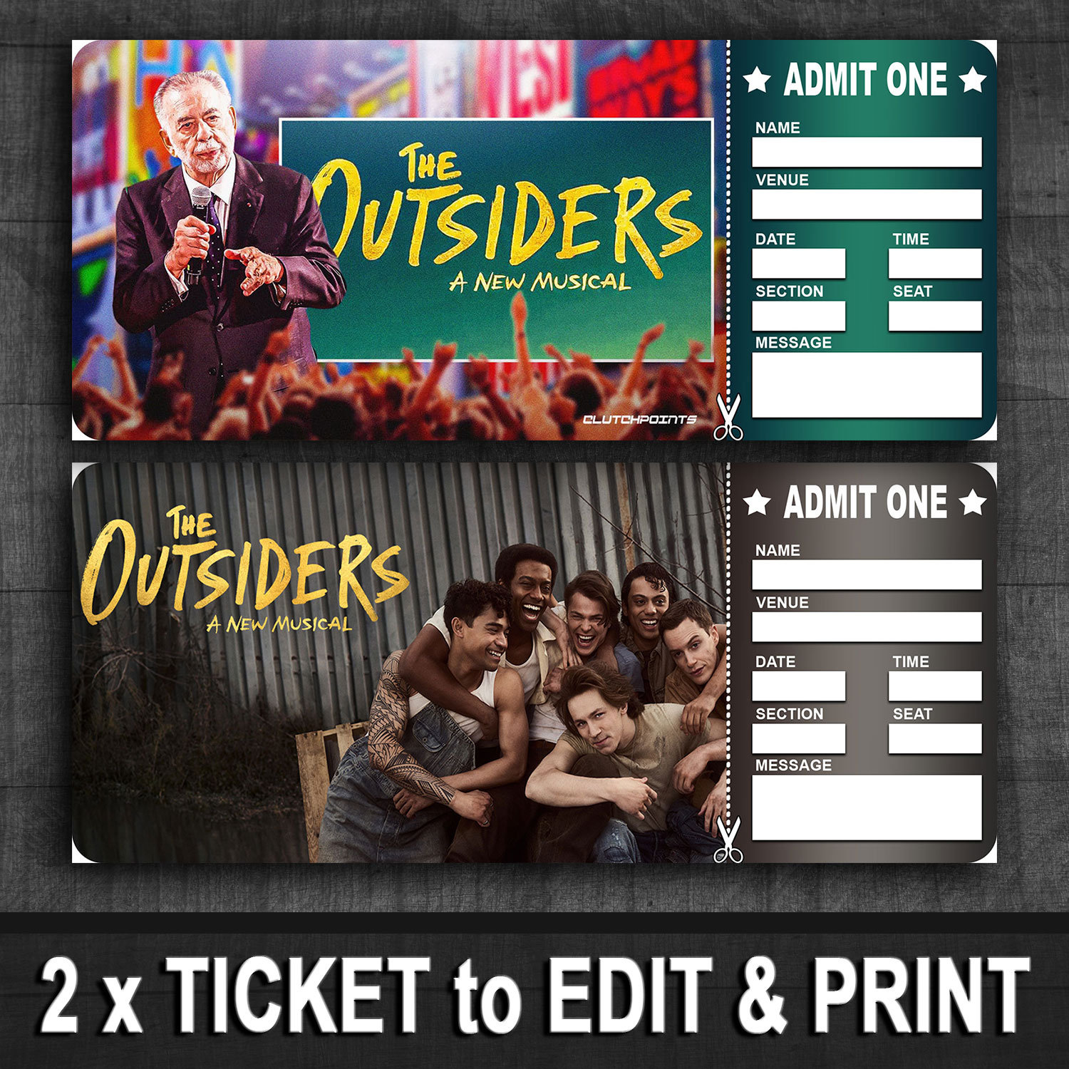The Outsiders Printable Broadway West End Surprise Tickets, the Outsiders Musical Ticket PDF