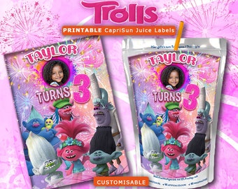 Étiquettes de sachets de jus Trolls, fournitures de fête Trolls, étiquettes personnalisées Capri Sun Trolls, étiquettes Caprisun