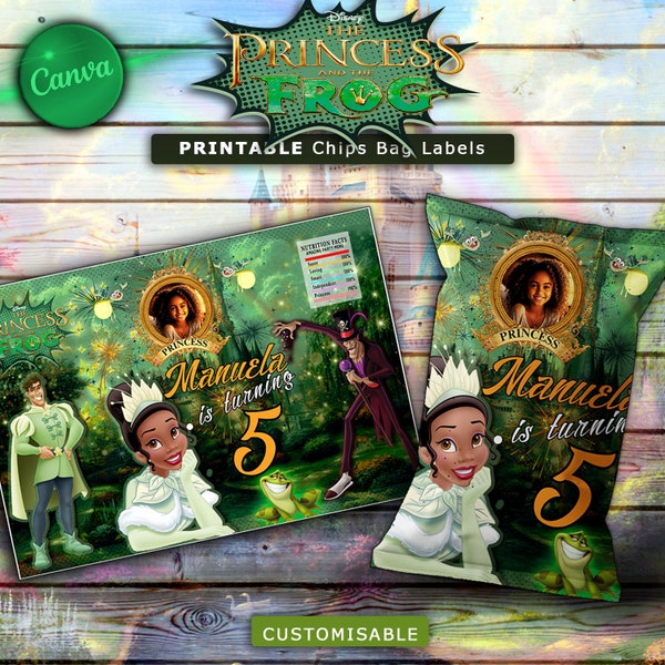 Tiana Printables, Tiana Party Favors, Tiana Theme, Birthday Decor, Tiana Chips Bag Label, Chip Bag, Rice Treat, Capri Sun Label