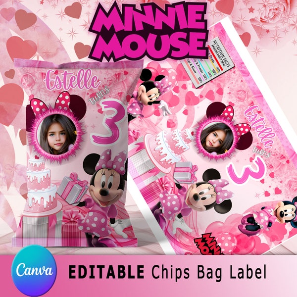 Pink Minnie Mouse Chip Bag Label, Minnie Mouse Birthday Labels, Pink Party Favors, Minnie Mouse Birthday Party Favors