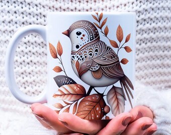 Cute cottagecore style bird ceramic mug, natural