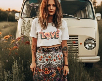 Love T-Shirt Women, 70s Shirt Flower Power, Retro Shirt Woman, Ladies Shirt Retro