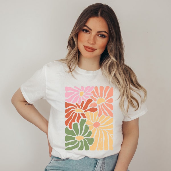 Shirt Damen Retro Groovy Flowers, T-shirt abstrakte Blumen, Sommer Shirt blumig 70er Jahre Stil