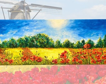 Dipinto a Olio su Tela,Paesaggio Estivo con Papaveri e Sole - Arte murale 50x20 cm