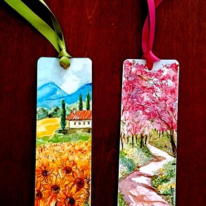 segnalibri dipinti a mano raffiguranti paesaggi di campagna con tecnica acquerello su carta di alta qualità cm. 5 x 15