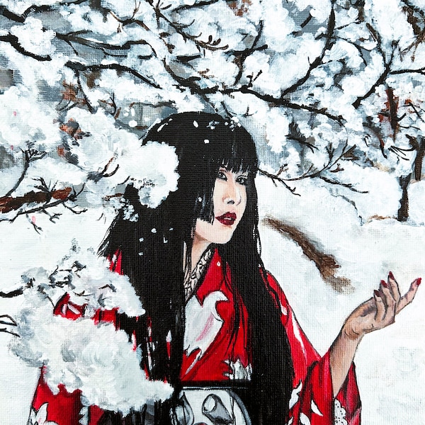 Dipinto acrilico-Donna Giapponese-Paesaggio invernale-Arte murale 20x25cm