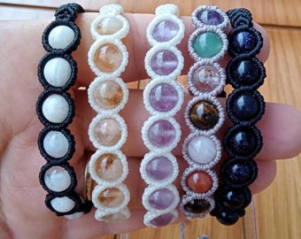 Macrame Gemstone  Bracelet – Waterproof Twisted Waxed Thread, Adjustable Handmade Energy Jewelry