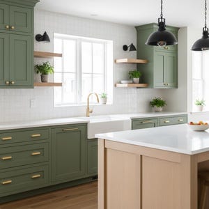 Könnte beinhalten: Eine moderne Küche mit olivgrünen Schränken, goldenen Griffen und einer weißen Arbeitsplatte. Die Küche verfügt über eine große Insel mit einem hellen Holzsockel und einer weißen Arbeitsfläche. Schwarze Pendelleuchten hängen über der Insel und dem Waschbecken. Kleine Topfpflanzen sorgen für Grün.