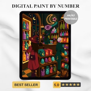 May include: A digital paint by number illustration on a tablet screen featuring a magical shop interior with shelves of colorful potion bottles, crystals, and herbs. The text reads DIGITAL PAINT BY NUMBER, A4/A3 PRINTABLE, BEST SELLER, and 5.0 stars.