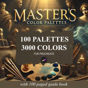 Pode incluir: Um produto de arte digital para Procreate com 100 paletas de cores com 3000 cores. A imagem mostra uma paleta de pintura com amostras de tinta, pincéis e velas. O texto "MASTER'S COLOR PALETTES" e "100 PALETTES 3000 COLORS FOR PROCREATE" é visível.