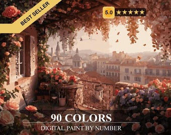 May include: A digital paint by number image of a European cityscape with a balcony overflowing with flowers. The image features a warm color palette with the text "90 COLORS" and "DIGITAL PAINT BY NUMBER".