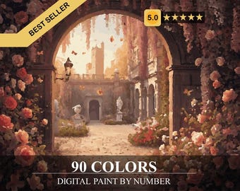 May include: Digital painting of a courtyard scene with an arched entrance, featuring a stone building, statues, and blooming flowers in shades of peach, pink, and brown. The text "90 COLORS DIGITAL PAINT BY NUMBER" is at the bottom.