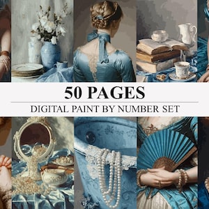 May include: Digital paint by number set with a collage of classical art images. The images include women in blue dresses, still life with flowers, books, and a mirror. The text "50 PAGES DIGITAL PAINT BY NUMBER SET" is displayed.