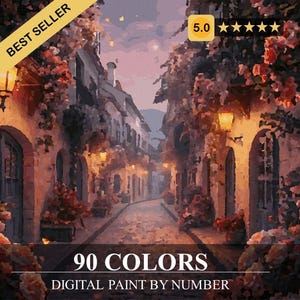 Puede incluir: Kit de pintura digital por números que presenta una escena de calle europea con edificios, flores y farolas. La imagen tiene una paleta de colores cálidos con tonos de rosa, naranja y marrón. El texto "90 COLORS" y "DIGITAL PAINT BY NUMBER" son visibles.
