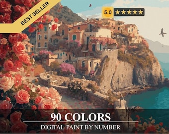 May include: A digital paint-by-number kit featuring a coastal village scene with buildings in shades of orange and beige. Lush pink and red roses frame the foreground. The image includes the text "90 COLORS" and "DIGITAL PAINT BY NUMBER".