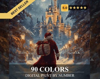 May include: Digital paint by number art featuring Santa Claus walking towards a castle in a snowy landscape. The image has a Best Seller banner and a 5.0 star rating. The text "90 COLORS" and "DIGITAL PAINT BY NUMBER" are also visible.