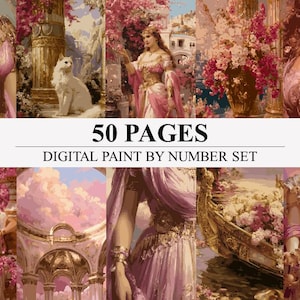 May include: Digital paint by number set with 50 pages. The image features a collection of classical art prints with women in flowing gowns, floral arrangements, and architectural elements. The color palette is dominated by pinks, golds, and whites.