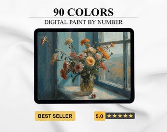 Flores en un jarrón: páginas para colorear por números para adultos (imprimibles y compatibles con Procreate)