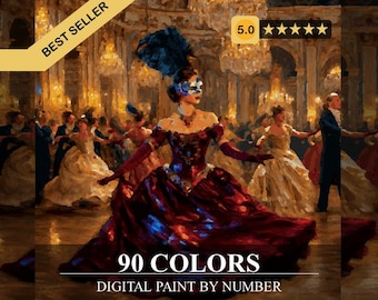 May include: Digital paint by number image featuring a woman in a ball gown and mask, dancing in a ballroom. The image has a Best Seller banner and a 5-star rating. The text reads "90 Colors" and "Digital Paint by Number".