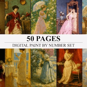 Op de afbeelding: Een verzameling digitale schilderen op nummer sets met vintage schilderijen van vrouwen in elegante jurken en buitenomgevingen. De tekst "50 PAGES" en "DIGITAL PAINT BY NUMBER SET" wordt weergegeven.