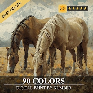 Pode incluir: Kit de pintura digital por números com dois cavalos pastando num campo. Os cavalos são castanhos e bege, com uma crina clara. A imagem tem um estilo pictórico, com o texto "90 COLORS" e "DIGITAL PAINT BY NUMBER".
