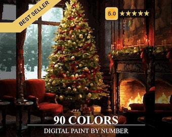 Christmas Room – Paint by Number | Digital Coloring Pages for Adults - Christmas Coloring Book