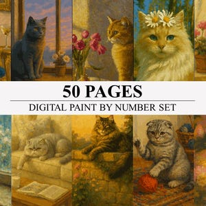 50 katter – Målarbok med nummer | Digitala målarbilder för vuxna (utskrivbara + Procreate-klara)