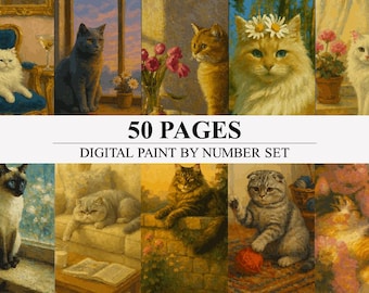 50 Gatos – Paquete de pintura por números / Páginas para colorear digitales para adultos (imprimibles y compatibles con Procreate) Libro para colorear