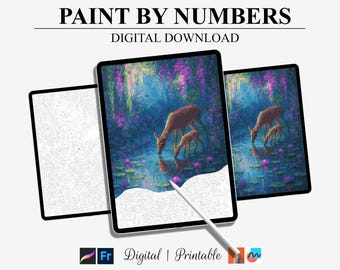 Könnte beinhalten: Digitaler Paint-by-Numbers-Download mit einer friedlichen Szene von Hirschen, die aus einem Teich trinken, mit einem Stift, der auf die digitale Leinwand zeigt. Der Text "PAINT BY NUMBERS DIGITAL DOWNLOAD" ist enthalten.