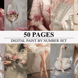 以下が含まれることがあります： 50ページのデジタル数字塗り絵セット。ロマンチックなテーマの絵画のコラージュが特徴です。絵画には、バラの入ったワイングラス、さくらんぼのケーキ、白鳥が含まれています。