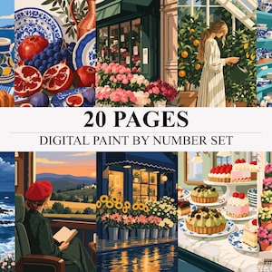 Könnte beinhalten: Ein digitales Malen-nach-Zahlen-Set mit 20 Seiten verschiedener Illustrationen, darunter Küstenszenen, Früchtearrangements, Blumenläden, Gewächshäuser, Töpferregale, Leuchttürme, lesende Figuren und Auslagen von Bäckereien.
