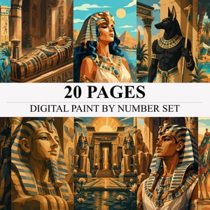 May include: A digital paint by number set containing 20 pages of Ancient Egyptian themed illustrations. The collection features a black cat, a sarcophagus, a queen, Anubis, a sphinx, temple architecture, and a camel in a desert landscape.