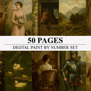 50 obras de arte vintage de la campiña inglesa: paquete de pintura por números / páginas para colorear digitales para adultos (imprimibles y compatibles con Procreate) Libro para colorear